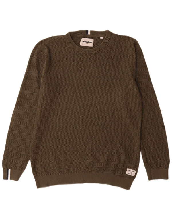 Jack & Jones Mens Crew Neck Jumper Sweater Large Khaki Chevron Cotton