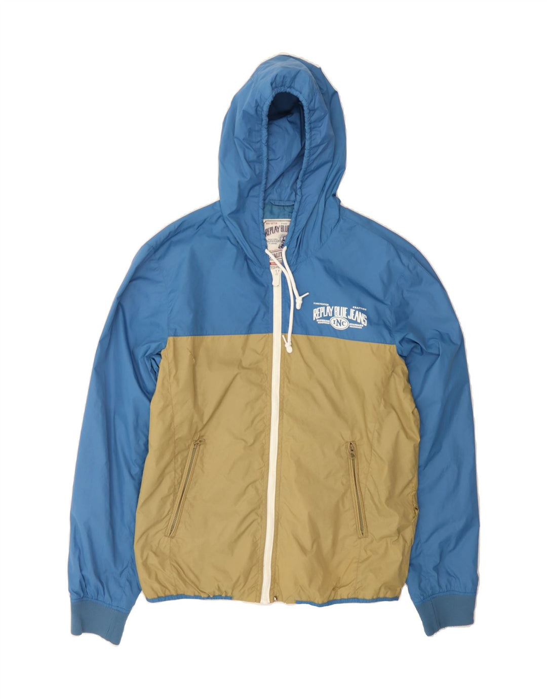 REPLAY Boys Hooded Rain Jacket 13-14 Years Large Blue Colourblock Vintage Replay and Second-Hand Replay from Messina Hembry 