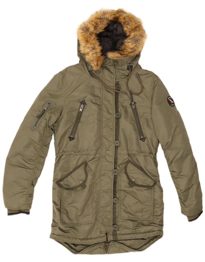 Superdry Parkajakke med hætte til kvinder UK 12 Medium Khaki Nylon