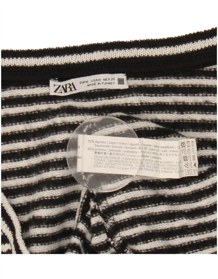Zara Womens Top Long Sleeve UK 14 Medium Black Striped Cotton