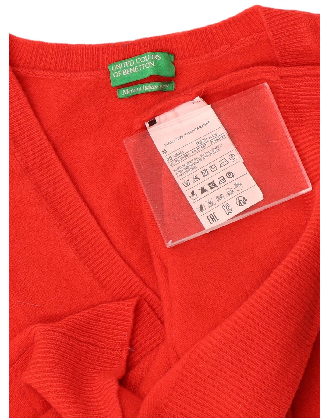 Benetton Pull Col V Femme UK 12 Laine Rouge Moyen
