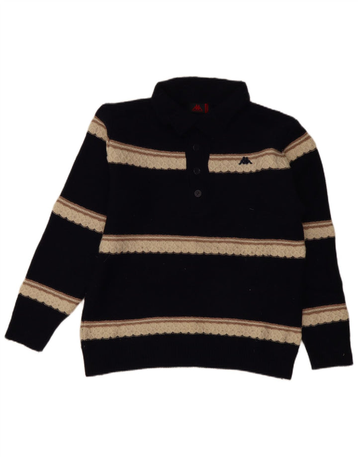 Kappa Mens Button Neck Jumper Sweater Medium Navy Blue Striped Lambswool