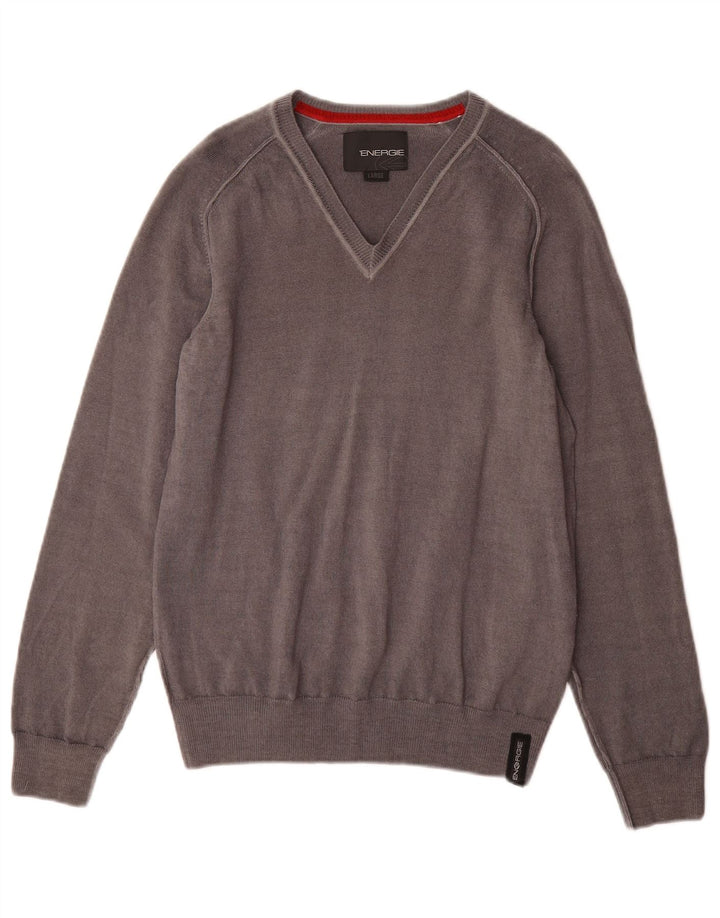 ENERGIE Womens V-Neck Jumper Sweater UK 14 Large Grey Wool