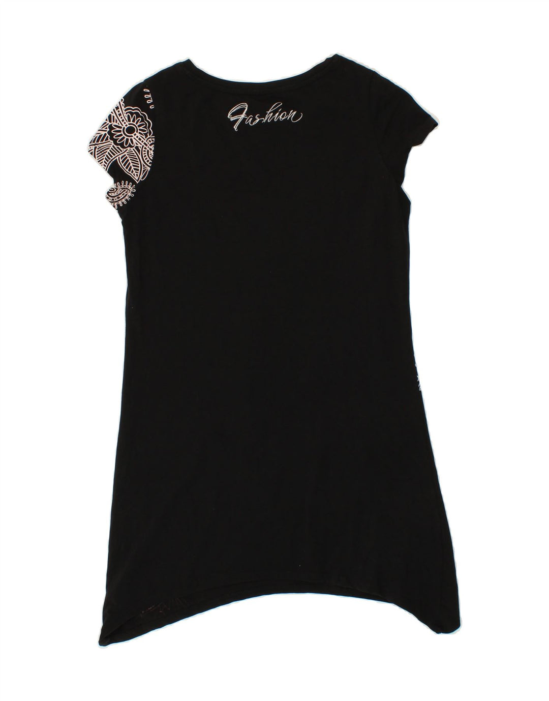 VINTAGE Womens Graphic Tunic Top UK 12 Medium Black Floral Vintage Vintage and Second-Hand Vintage from Messina Hembry 