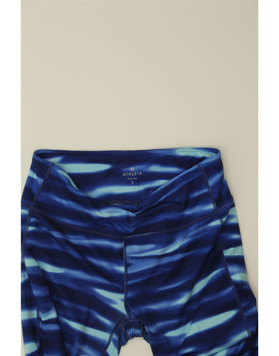 ATHLETA Womens Capri Leggings UK 14 Large  Blue Striped Polyester Vintage Athleta and Second-Hand Athleta from Messina Hembry 
