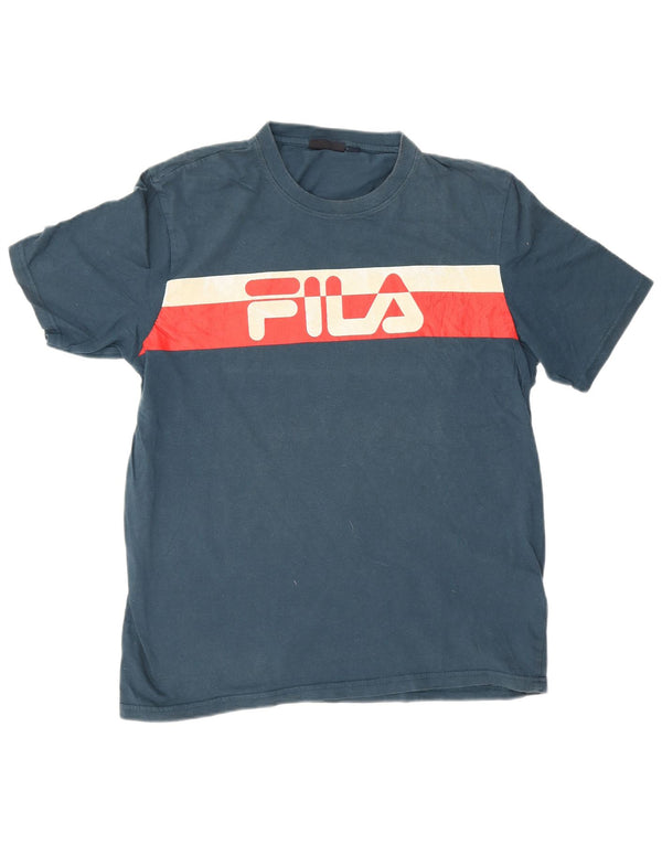 Fila Herre grafisk T-shirt Top Medium Marineblå Colourblock Bomuld