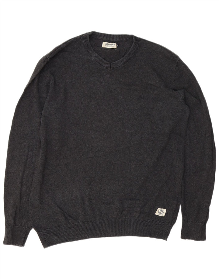 Jack & Jones Mens V-Neck Jumper Sweater XL Grey Cotton