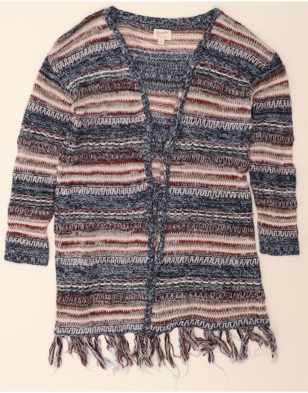 WRANGLER Womens Longline Cardigan Sweater UK 14 Medium Blue Striped Vintage Wrangler and Second-Hand Wrangler from Messina Hembry 