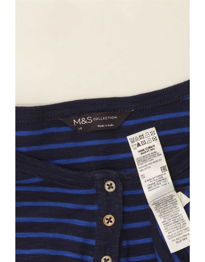 Marks & Spencer Womens Top Long Sleeve UK 14 Medium Navy Blue Striped