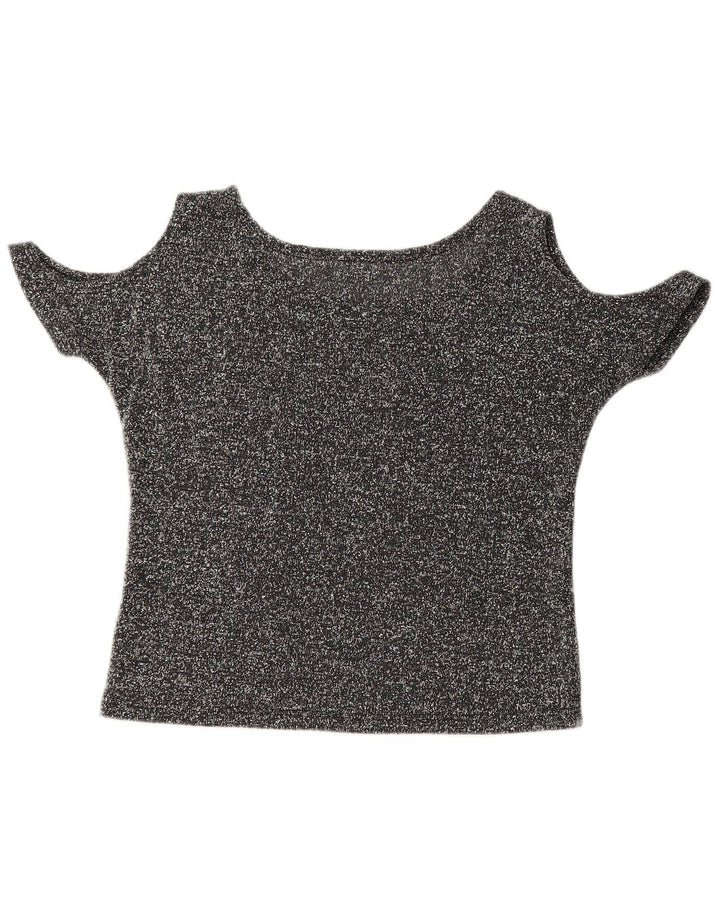 VINTAGE Womens Crop Off Shoulder Top UK 12 Medium Grey Flecked Butterfly