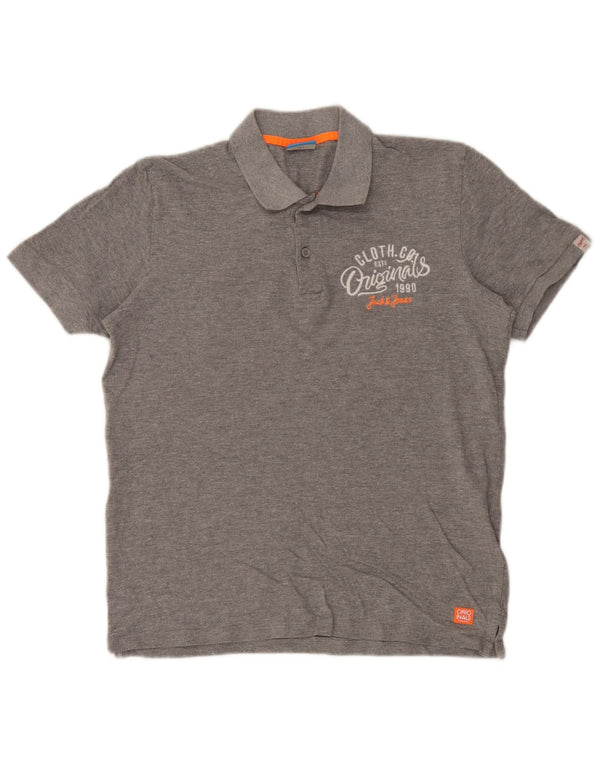 Jack & Jones Mens Graphic Polo Shirt Medium Grey Flecked Cotton