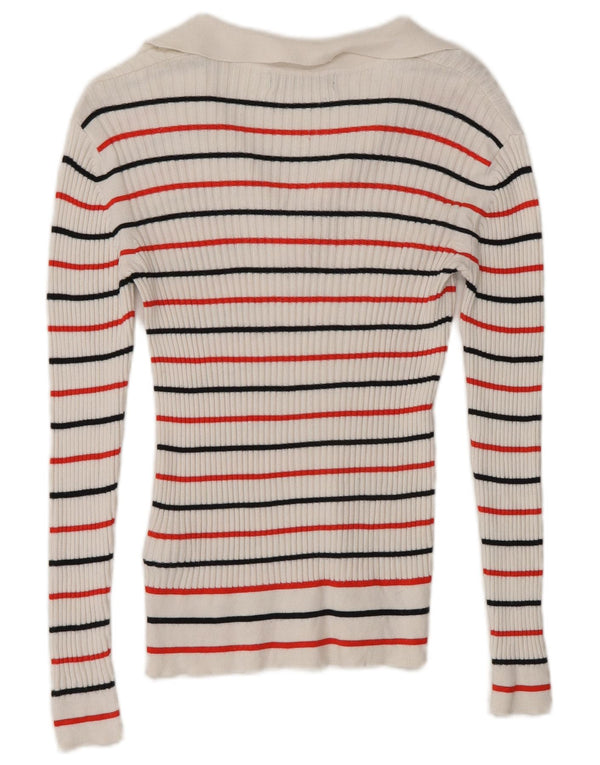 Marks & Spencer Damen Langarm-Poloshirt UK 8 Small Weiß gestreift