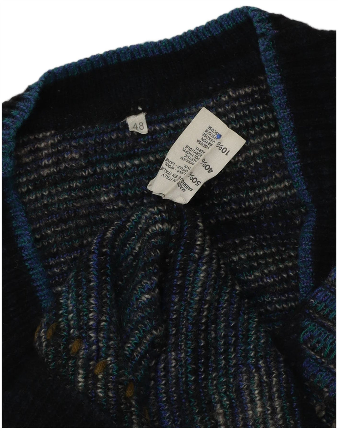 Vintage Mens V-Neck Jumper Sweater IT 48 Medium Blue Argyle/Diamond Wool