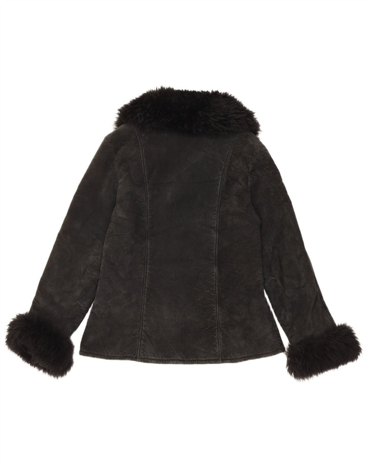 Vintage Womens Sherpa Suede Jacket UK 10 Small Black Leather