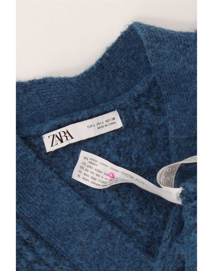 Zara Womens Crop Oversized Cardigan Sweater UK 16 Large Blue Polyester
