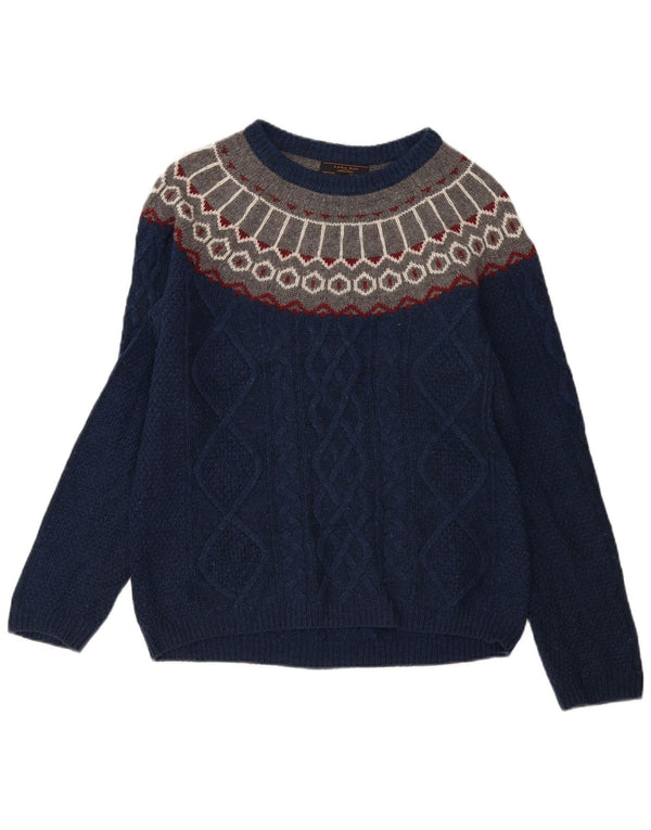 Zara Mens Boat Neck Jumper Sweater Medium Navy Blue Fair Isle