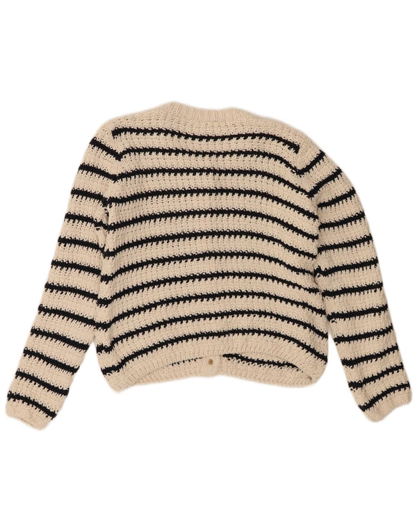 Zara Womens Crop Cardigan Sweater UK 14 Medium Off White Striped Cotton