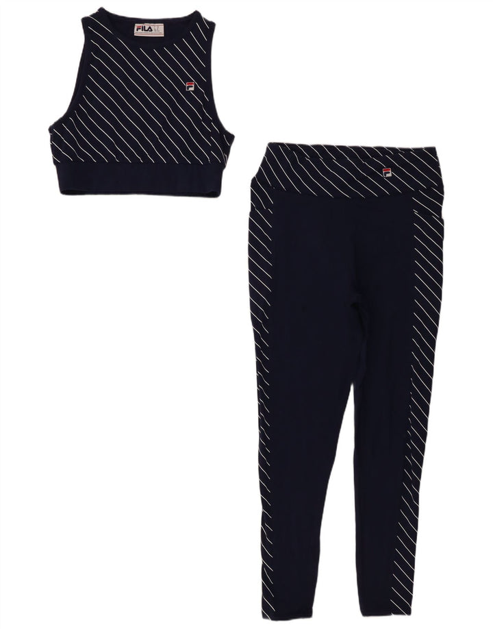 Fila Womens 2 Piece Set UK 12 Medium  Navy Blue Striped Cotton