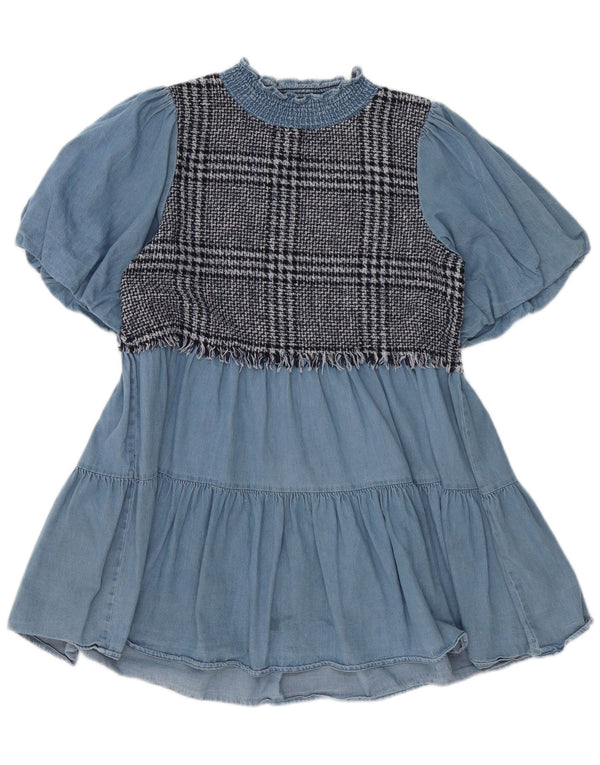 Zara Damen-Stufenkleid UK 10 Small Blue Check Cotton