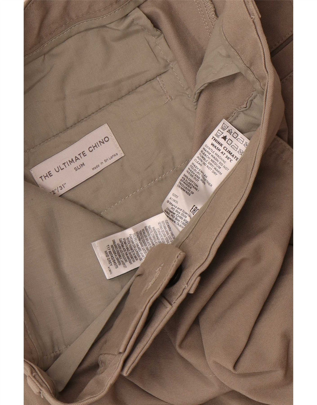 Marks & Spencer Mens Slim Chino Trousers W32 L31 Grey Cotton
