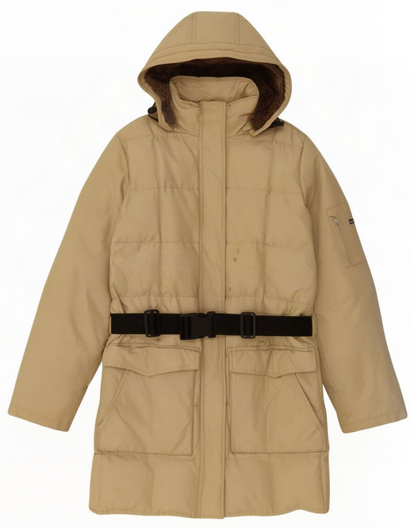 Woolrich Womens Hooded Padded Coat UK 16 Large Beige Cotton