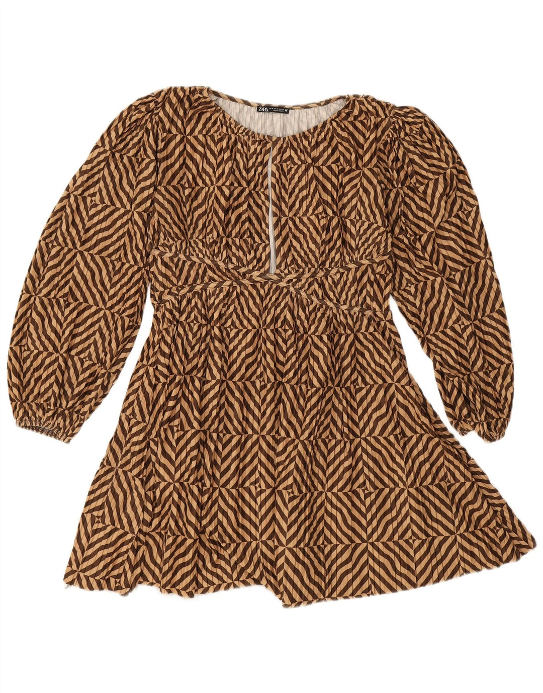 Zara Womens Long Sleeve A-Line Dress UK 14 Medium Brown Striped Polyester
