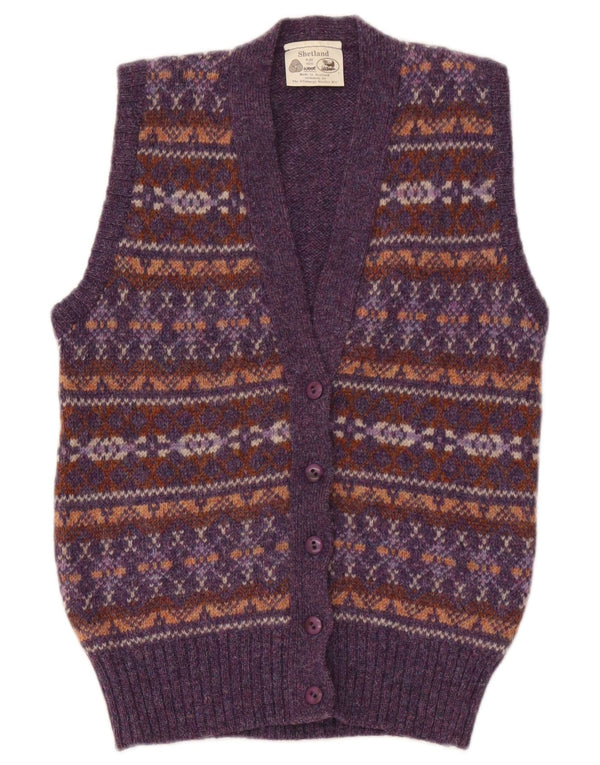 Maglione cardigan senza maniche vintage da donna UK 36 Small Purple Fair Isle