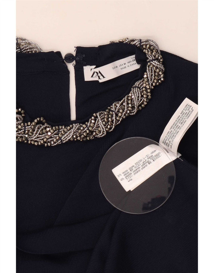 Zara Womens Crop Blouse Top UK 12 Medium Navy Blue Viscose