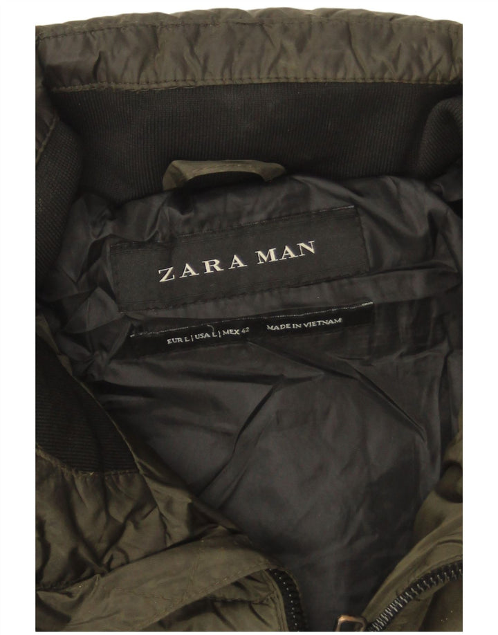 Zara Mens Hooded Padded Jacket UK 40 Large Khaki Nylon