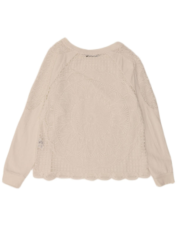 Desigual Donna Top in pizzo manica lunga UK 16 Grande cotone floreale bianco