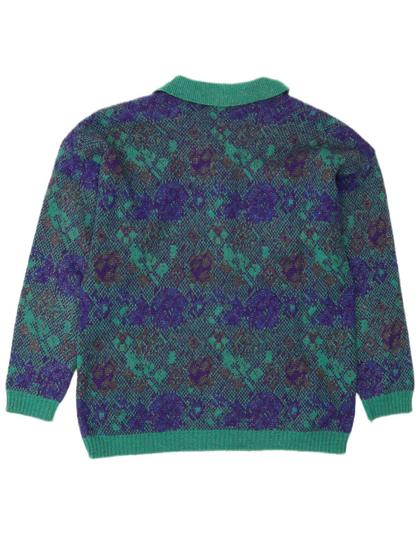 vintage Femme Polo Neck Jumper Pull EU 40 Moyen Vert Floral