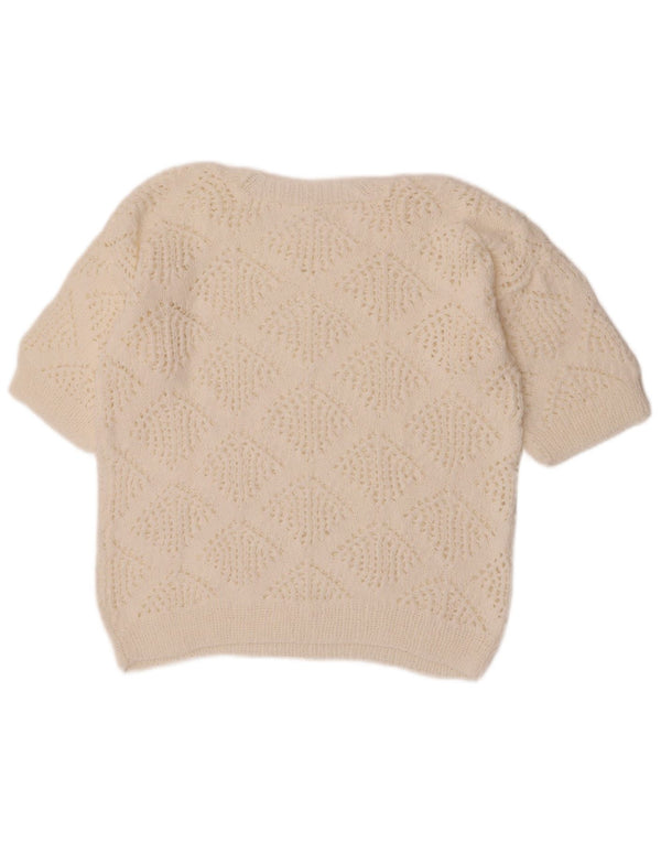 Vintage Womens Crop Crew Neck Jumper Sweater UK 14 Medium White