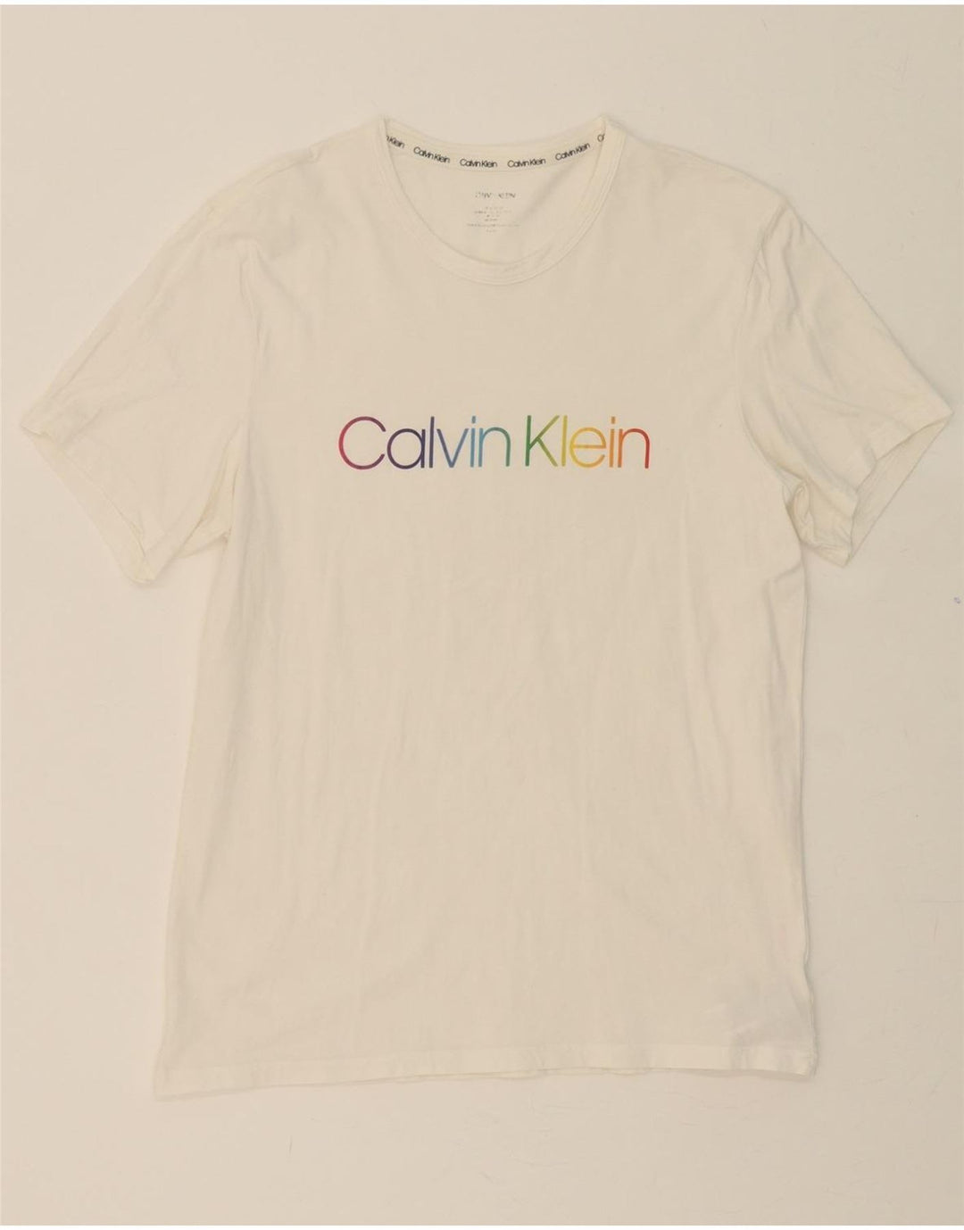 CALVIN KLEIN Mens Graphic T-Shirt Top Medium White Cotton Vintage Calvin Klein and Second-Hand Calvin Klein from Messina Hembry 