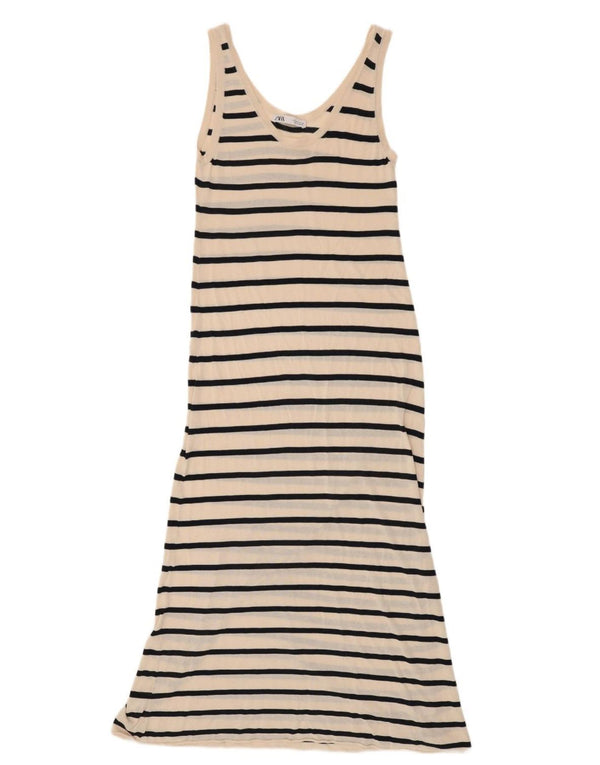 Zara Damen Sommerkleid UK 10 Small Off White Gestreifte Baumwolle