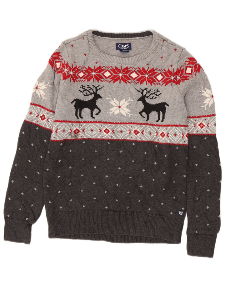 Chaps Mens Boat Neck Jumper Sweater Small Grey Fair Isle Cotton