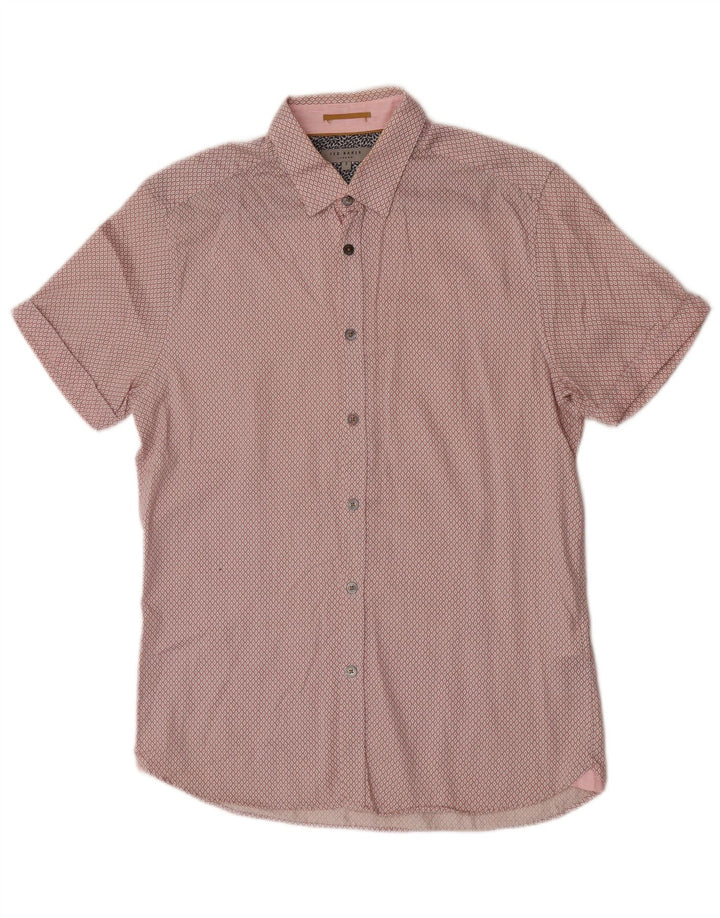 Ted Baker Mens Short Sleeve Shirt Size 3 Medium Pink Argyle/Diamond Cotton