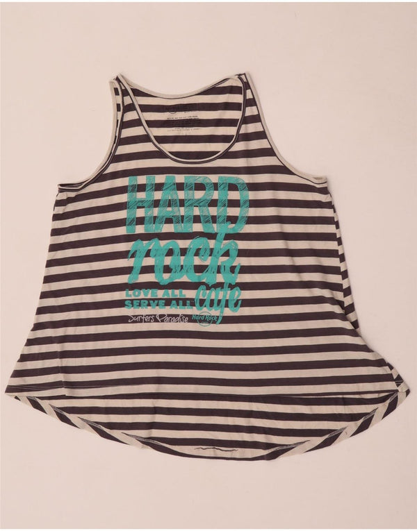 Hard Rock Cafe Womens Graphic Vest Top UK 16 Large Navy Blue Striped Cotton