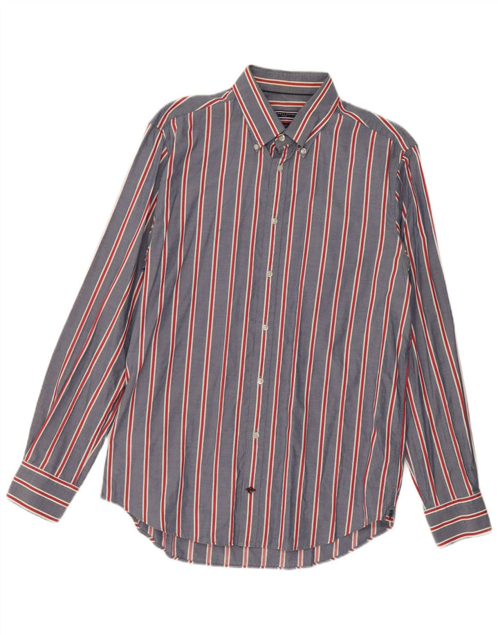TOMMY HILFIGER Mens Fitted Shirt Size 15 3/4 Medium Navy Blue Striped
