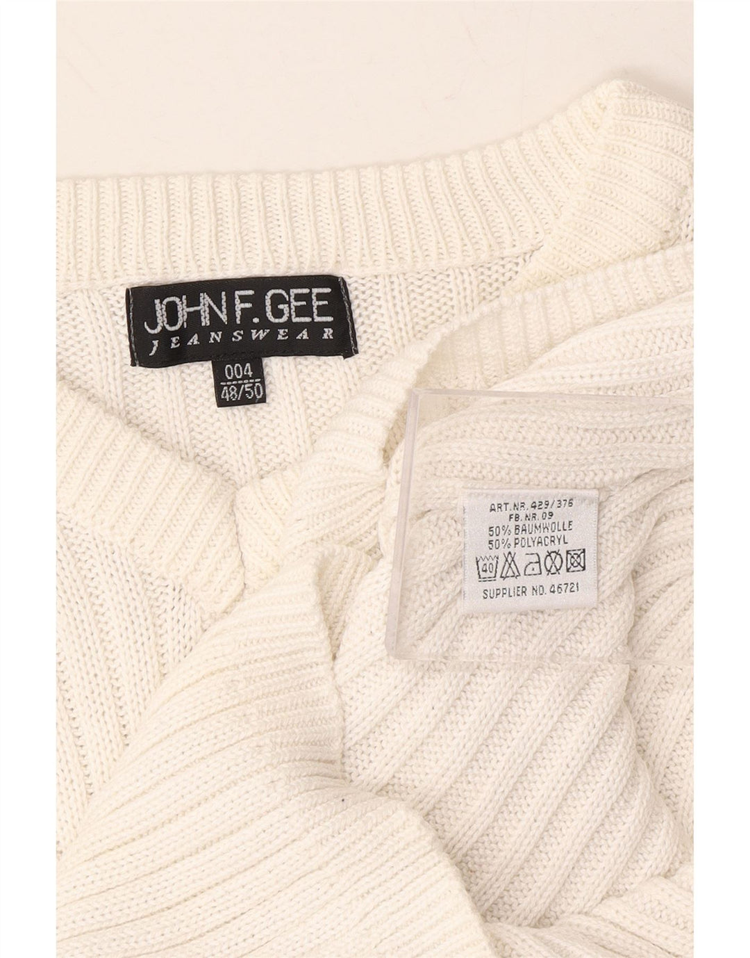 JOHN F GEE Womens V-Neck Jumper Sweater IT 48/50 XL White Cotton Vintage John F Gee and Second-Hand John F Gee from Messina Hembry 