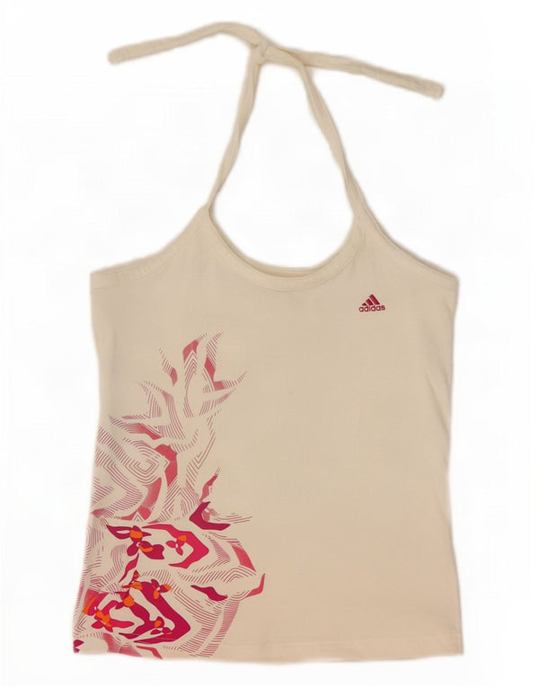 Adidas Donna Crop Canottiera Top UK 10 Small Off White Cotone geometrico Sport