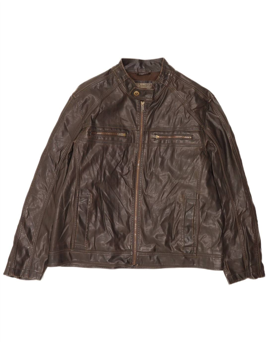 BKE Mens Faux Leather Jacket UK 44 2XL Brown Polyvinyl