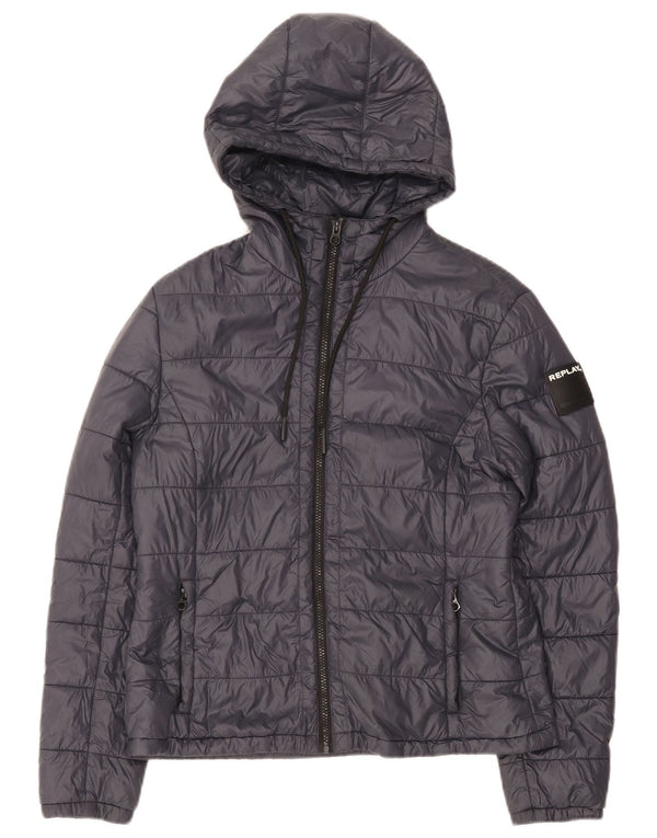 Replay Womens Hooded Padded Jacket UK 14 Large Navy Blue
