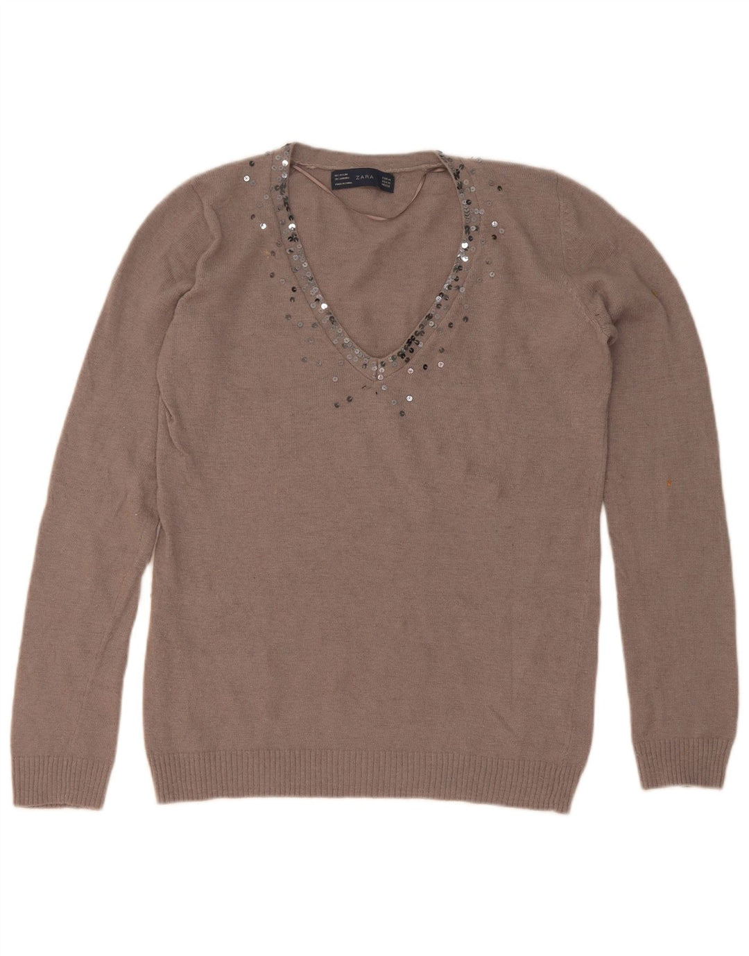 Zara Womens V-Neck Jumper Sweater UK 14 Medium Brown
