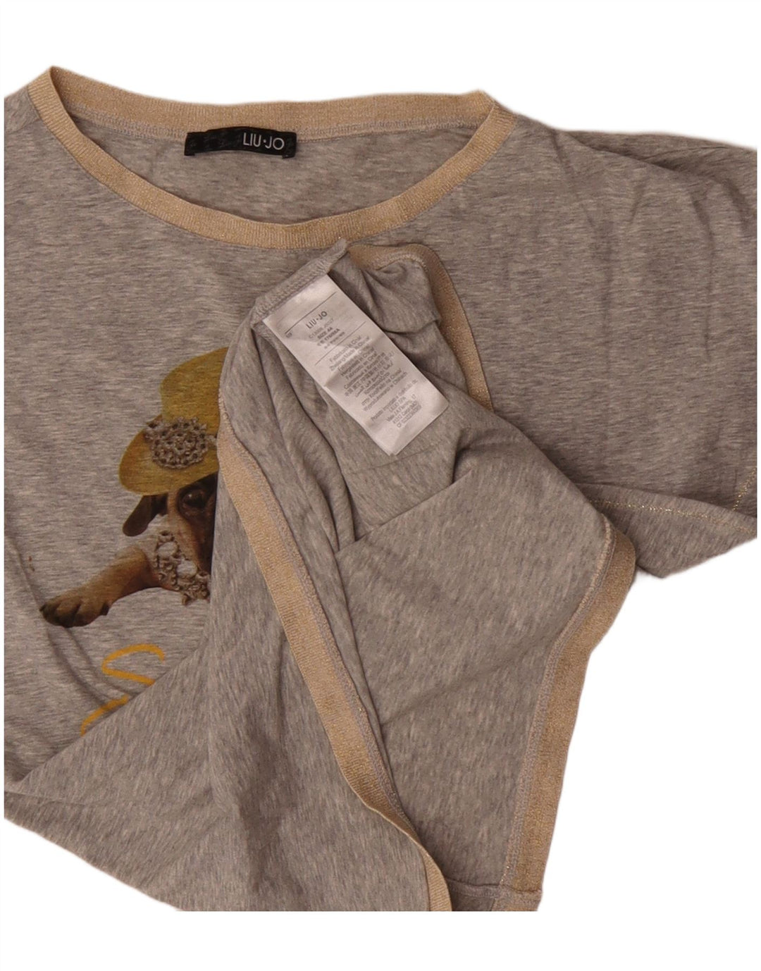 LIU JO Damen Grafik-T-Shirt-Oberteil IT 44 Mittelgrau gefleckte Baumwolle