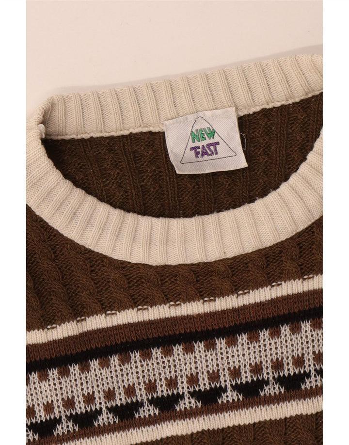 New Fast Mens Boat Neck Jumper Sweater Medium Brown Fair Isle