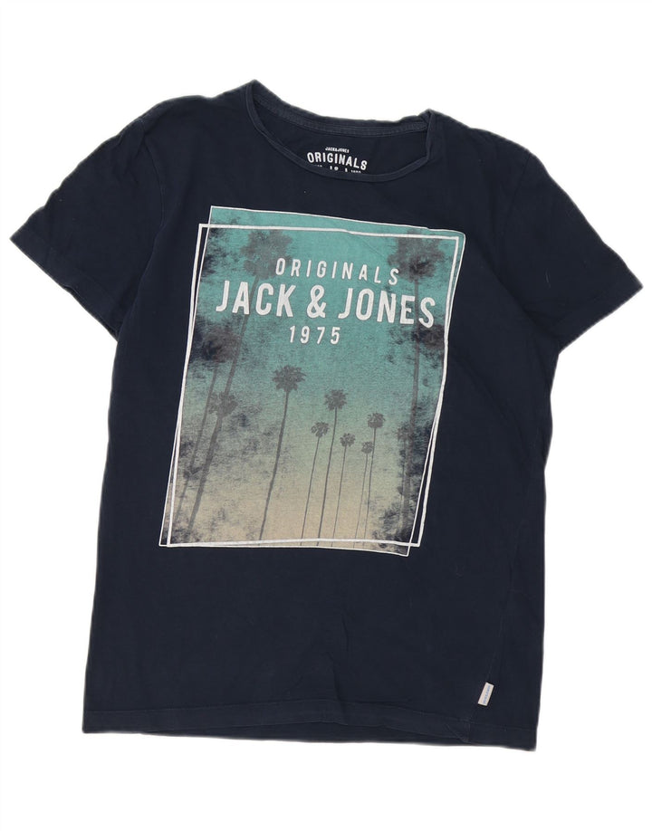 Jack & Jones Mens Graphic T-Shirt Top Medium Navy Blue Cotton
