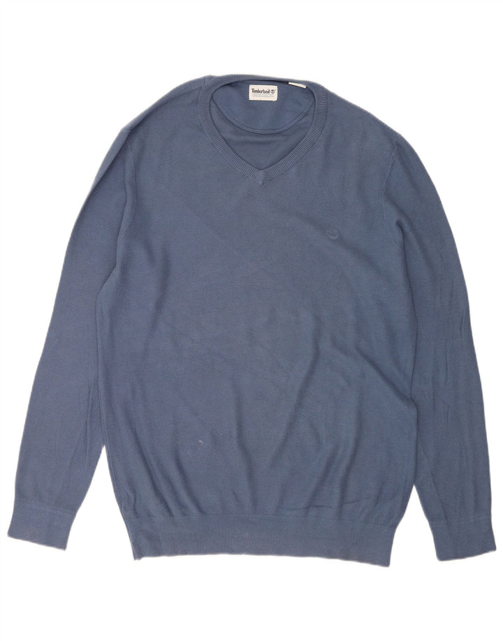 Timberland Mens V-Neck Jumper Sweater Large Blue Cotton