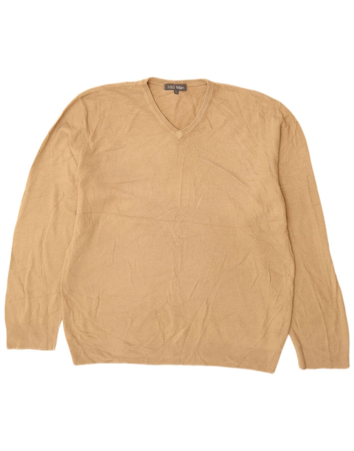 Marks & Spencer Mens V-Neck Jumper Sweater XL Beige Acrylic