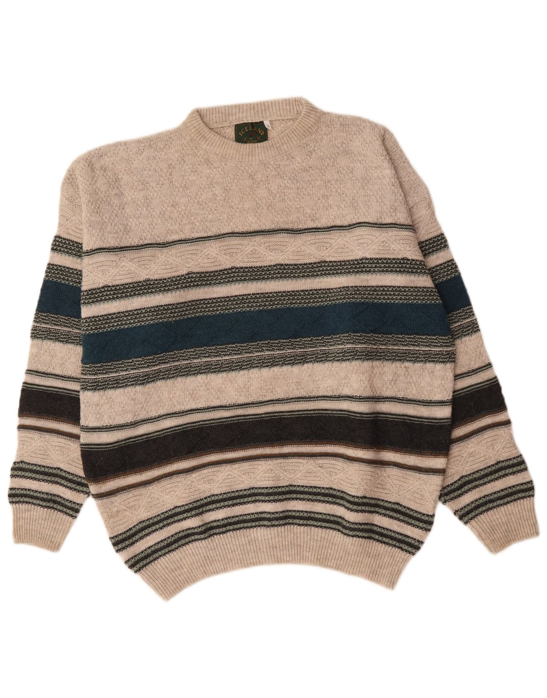 Iceland Mens Crew Neck Jumper Sweater Large Beige Striped Wool