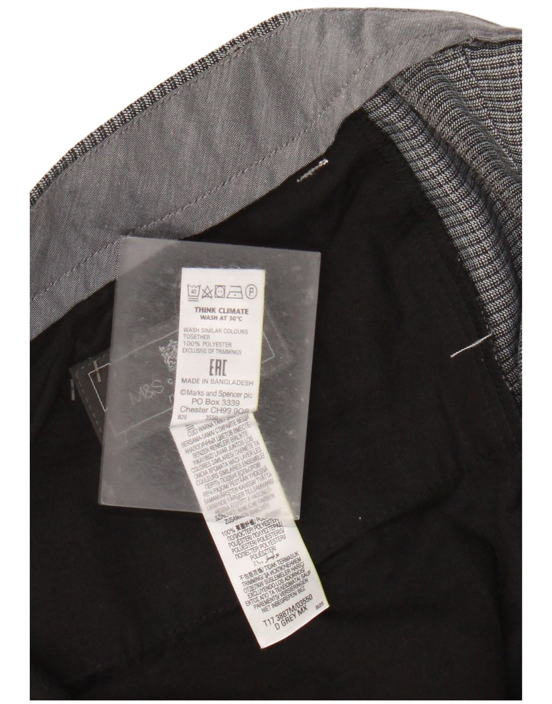 Calça masculina de ajuste regular Marks & Spencer W36 L29 poliéster xadrez cinza